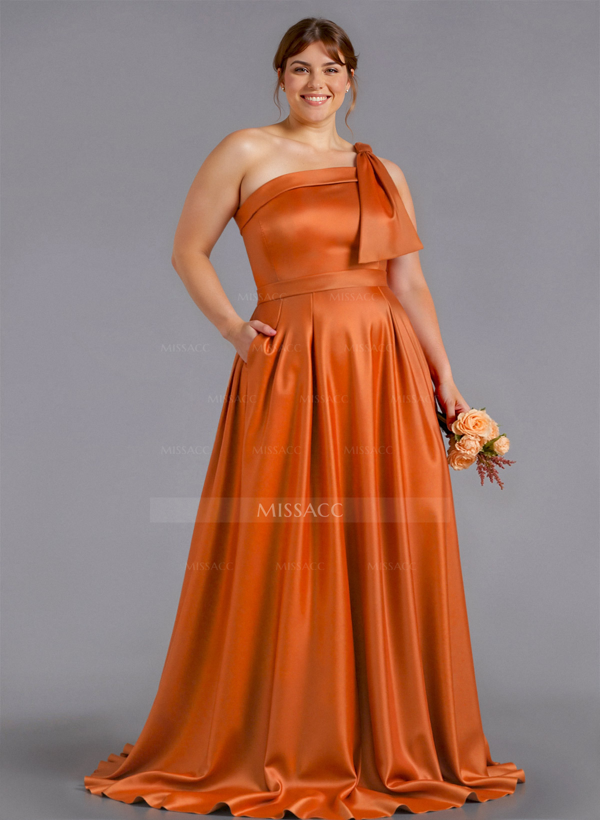 Classy Bow(s) One-Shoulder A-Line Sweep Train Satin Bridesmaid Dresses With Pockets