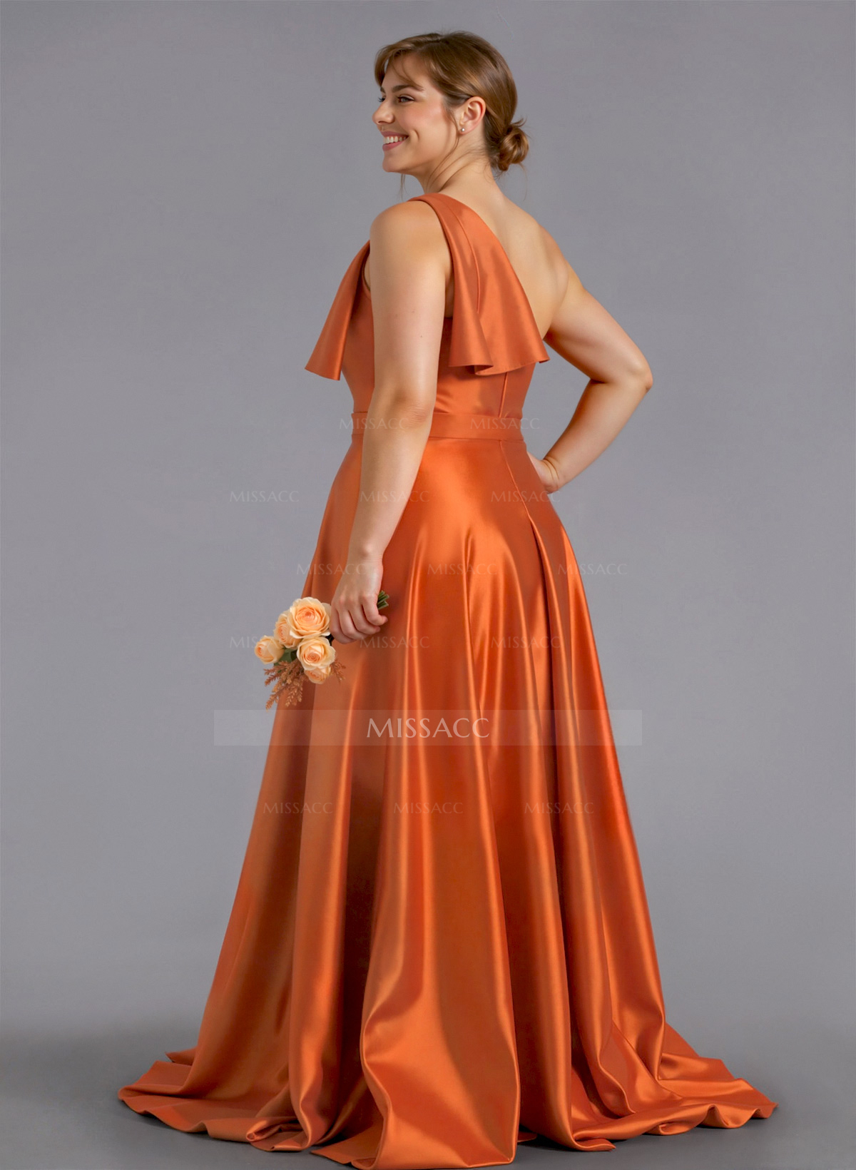 Classy Bow(s) One-Shoulder A-Line Sweep Train Satin Bridesmaid Dresses With Pockets