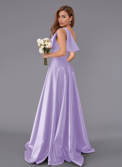 Classy Bow(s) One-Shoulder A-Line Sweep Train Satin Bridesmaid Dresses With Pockets
