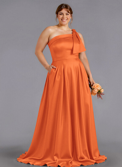 Classy Bow(s) One-Shoulder A-Line Sweep Train Satin Bridesmaid Dresses With Pockets