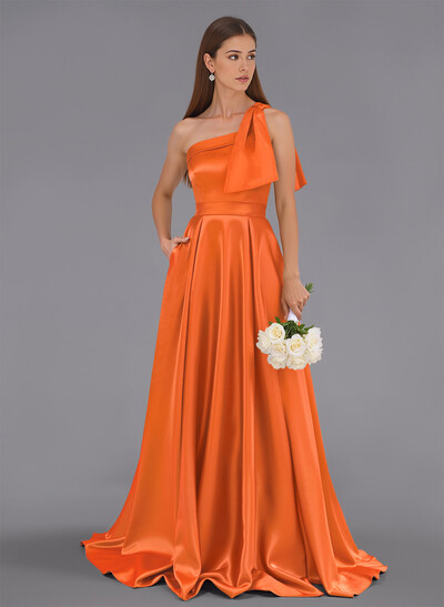 Classy Bow(s) One-Shoulder A-Line Sweep Train Satin Bridesmaid Dresses With Pockets