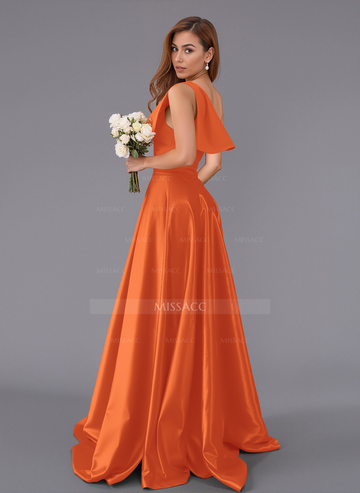 Classy Bow(s) One-Shoulder A-Line Sweep Train Satin Bridesmaid Dresses With Pockets