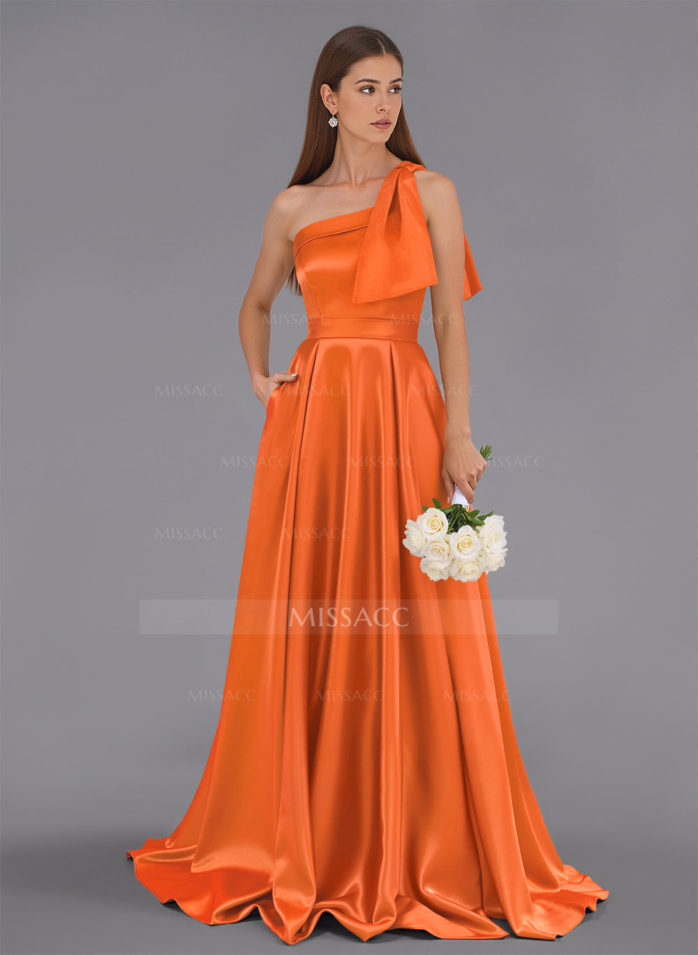 One-Shoulder A-Line Sweep Train Satin Bridesmaid Dresses With Pockets $75