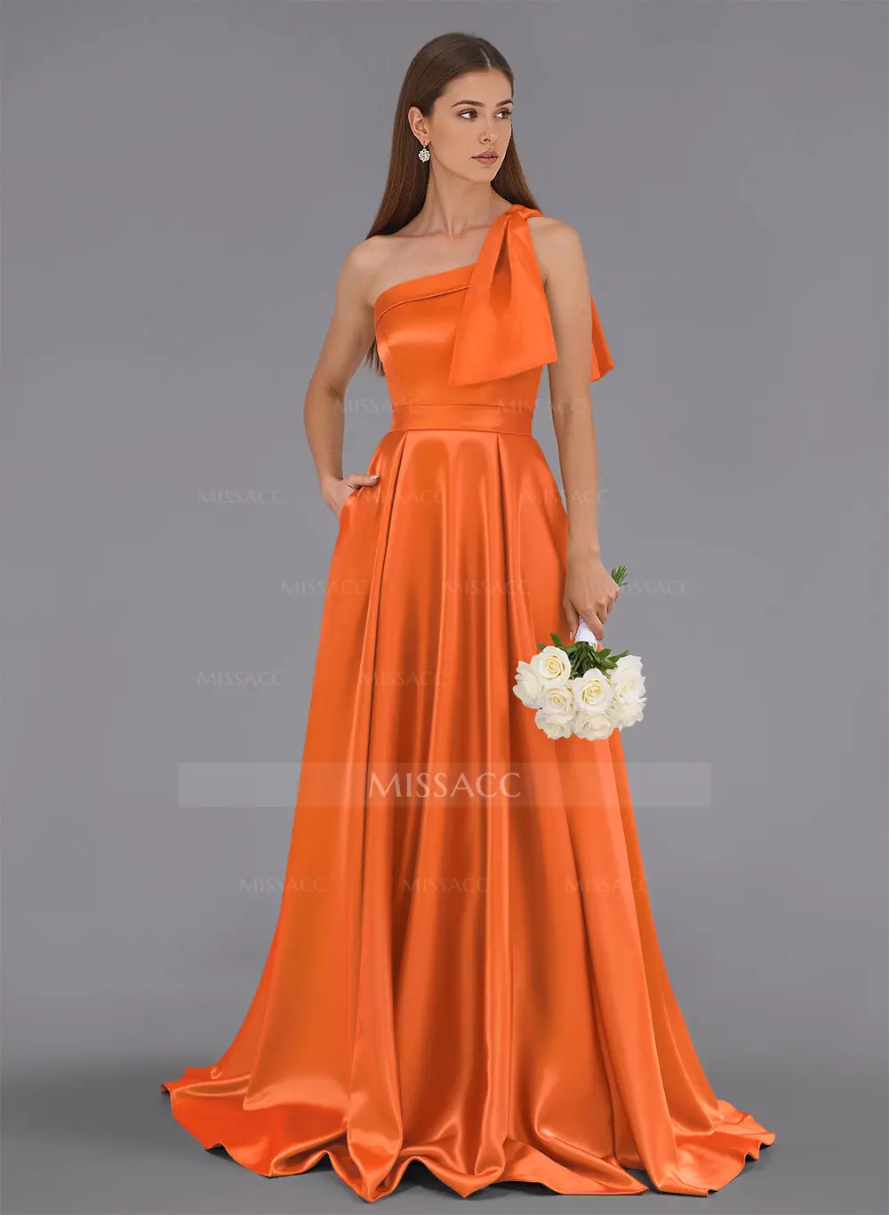 Missacc In-Stock A-Line Bridesmaid Dresses One-Shoulder Floor-Length Satin with Pockets