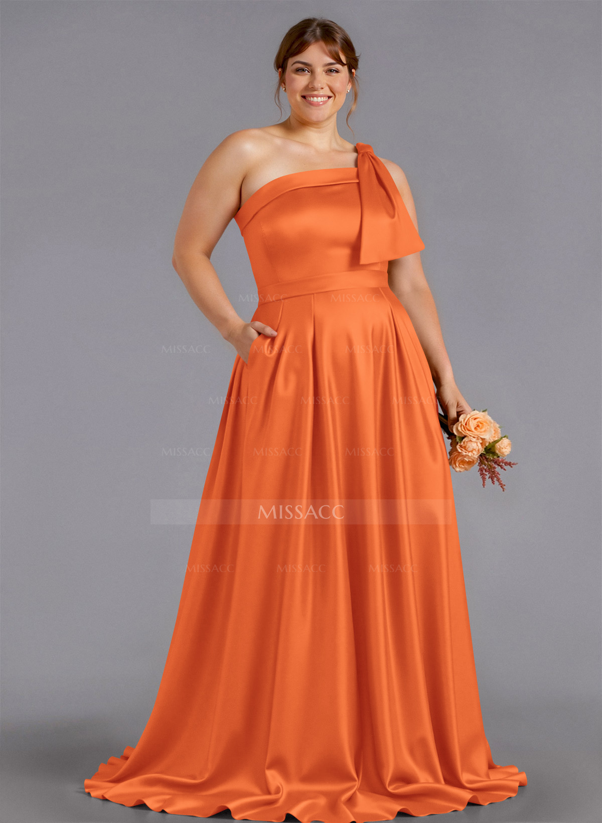 Classy Bow(s) One-Shoulder A-Line Sweep Train Satin Bridesmaid Dresses With Pockets