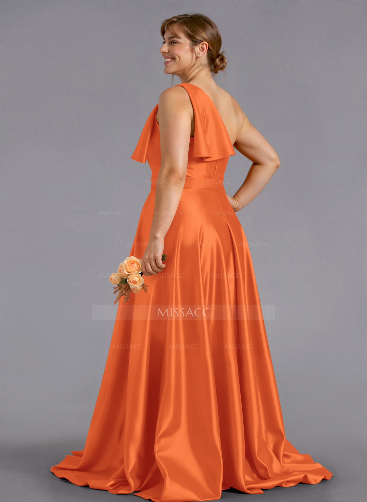 Classy Bow(s) One-Shoulder A-Line Sweep Train Satin Bridesmaid Dresses With Pockets