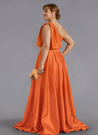 Classy Bow(s) One-Shoulder A-Line Sweep Train Satin Bridesmaid Dresses With Pockets