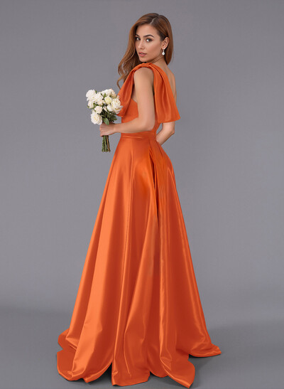 Classy Bow(s) One-Shoulder A-Line Sweep Train Satin Bridesmaid Dresses With Pockets