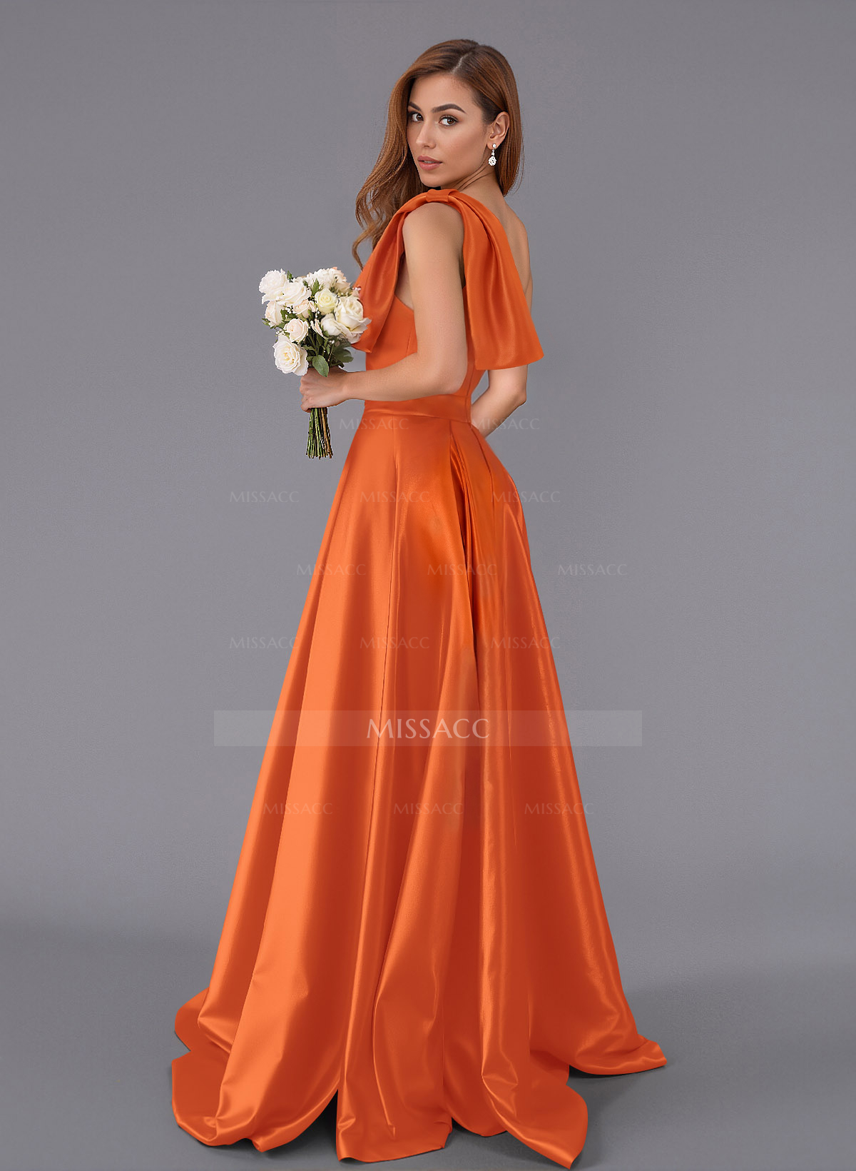Classy Bow(s) One-Shoulder A-Line Sweep Train Satin Bridesmaid Dresses With Pockets