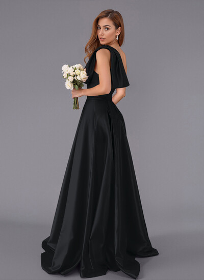 Classy Bow(s) One-Shoulder A-Line Sweep Train Satin Bridesmaid Dresses With Pockets