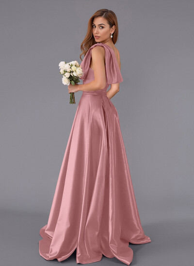 Classy Bow(s) One-Shoulder A-Line Sweep Train Satin Bridesmaid Dresses With Pockets