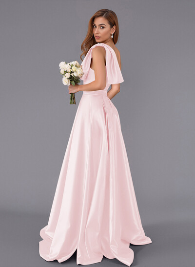 Classy Bow(s) One-Shoulder A-Line Sweep Train Satin Bridesmaid Dresses With Pockets