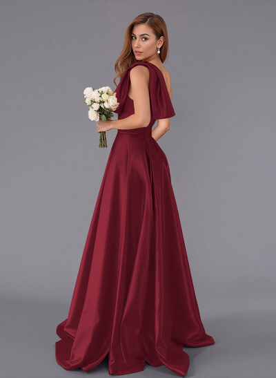 Classy Bow(s) One-Shoulder A-Line Sweep Train Satin Bridesmaid Dresses With Pockets