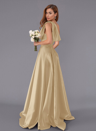 Classy Bow(s) One-Shoulder A-Line Sweep Train Satin Bridesmaid Dresses With Pockets