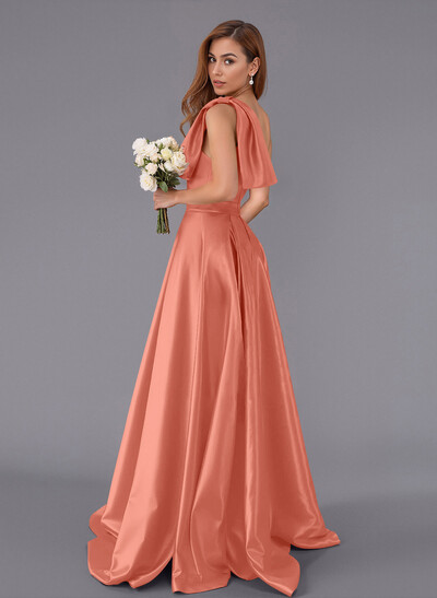 Classy Bow(s) One-Shoulder A-Line Sweep Train Satin Bridesmaid Dresses With Pockets