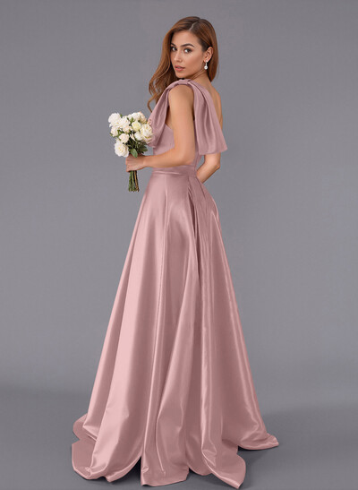 Classy Bow(s) One-Shoulder A-Line Sweep Train Satin Bridesmaid Dresses With Pockets
