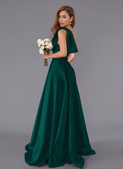 Classy Bow(s) One-Shoulder A-Line Sweep Train Satin Bridesmaid Dresses With Pockets