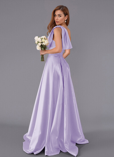 Classy Bow(s) One-Shoulder A-Line Sweep Train Satin Bridesmaid Dresses With Pockets