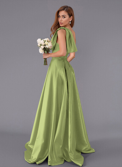Classy Bow(s) One-Shoulder A-Line Sweep Train Satin Bridesmaid Dresses With Pockets
