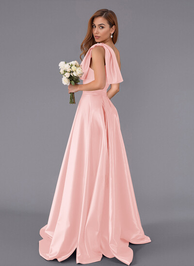 Classy Bow(s) One-Shoulder A-Line Sweep Train Satin Bridesmaid Dresses With Pockets