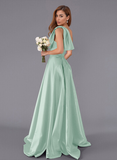 Classy Bow(s) One-Shoulder A-Line Sweep Train Satin Bridesmaid Dresses With Pockets