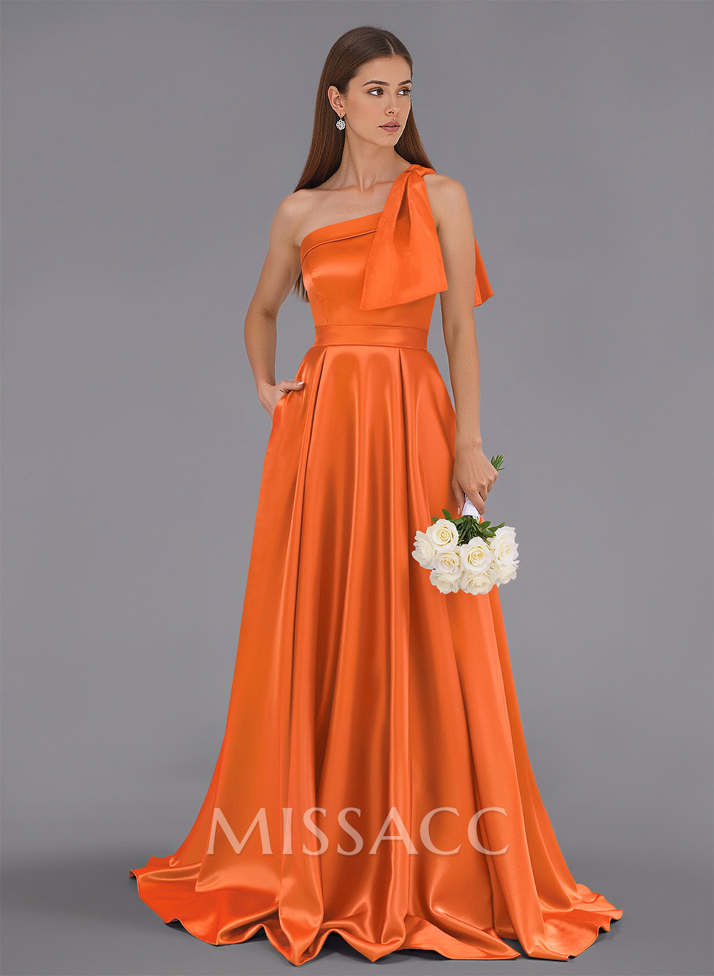 Classy Bow(s) One-Shoulder A-Line Sweep Train Satin Bridesmaid Dresses With Pockets Classy Bow(s) One-Shoulder A-Line Sweep Train Satin Bridesmaid Dresses With Pockets