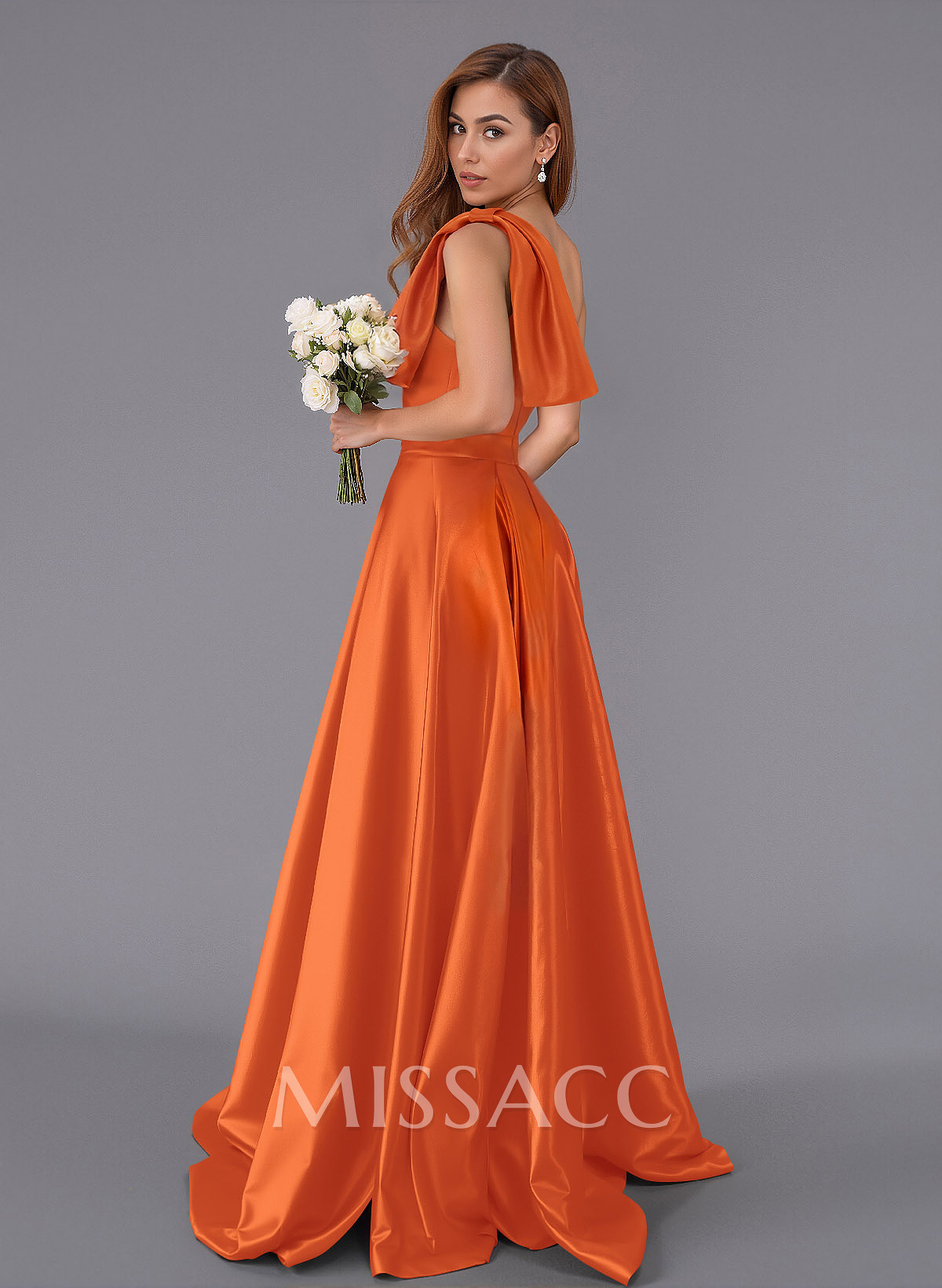 Classy Bow(s) One-Shoulder A-Line Sweep Train Satin Bridesmaid Dresses With Pockets Classy Bow(s) One-Shoulder A-Line Sweep Train Satin Bridesmaid Dresses With Pockets