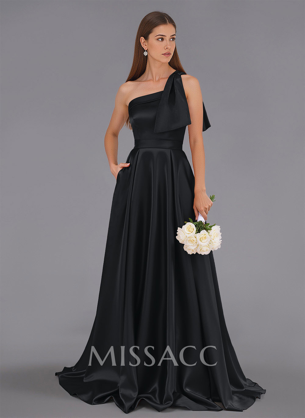 Classy Bow(s) One-Shoulder A-Line Sweep Train Satin Bridesmaid Dresses With Pockets