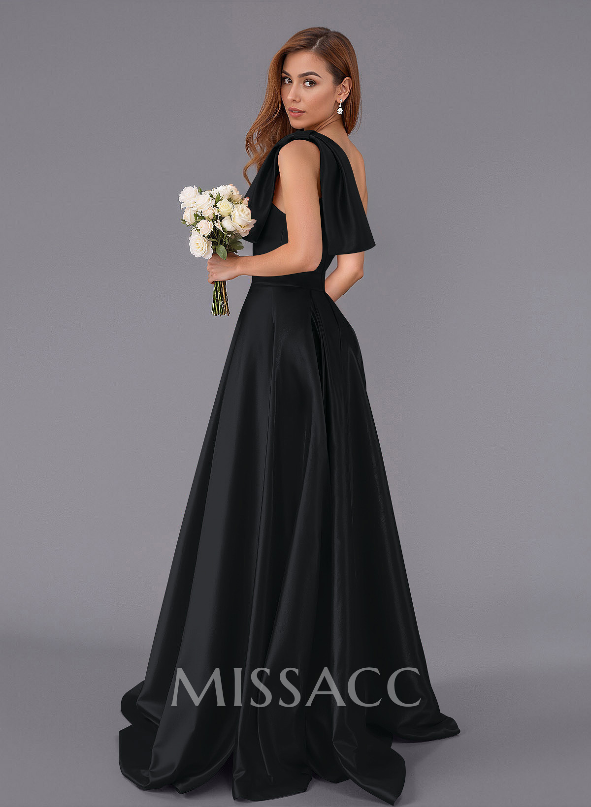 Classy Bow(s) One-Shoulder A-Line Sweep Train Satin Bridesmaid Dresses With Pockets