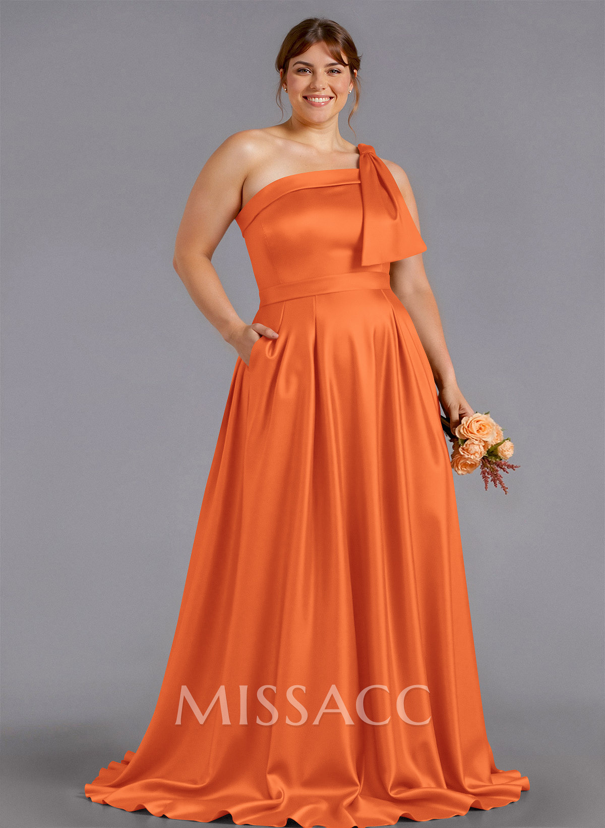 Classy Bow(s) One-Shoulder A-Line Sweep Train Satin Bridesmaid Dresses With Pockets Classy Bow(s) One-Shoulder A-Line Sweep Train Satin Bridesmaid Dresses With Pockets