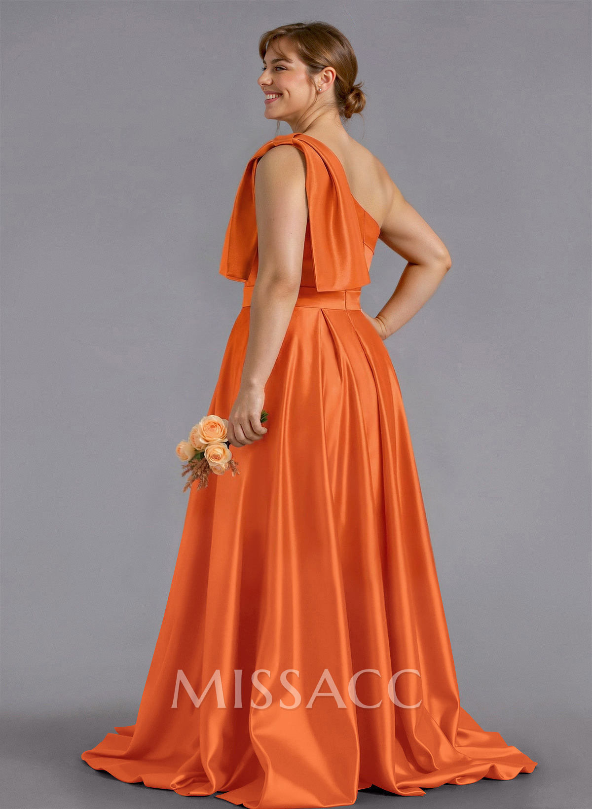 Classy Bow(s) One-Shoulder A-Line Sweep Train Satin Bridesmaid Dresses With Pockets Classy Bow(s) One-Shoulder A-Line Sweep Train Satin Bridesmaid Dresses With Pockets