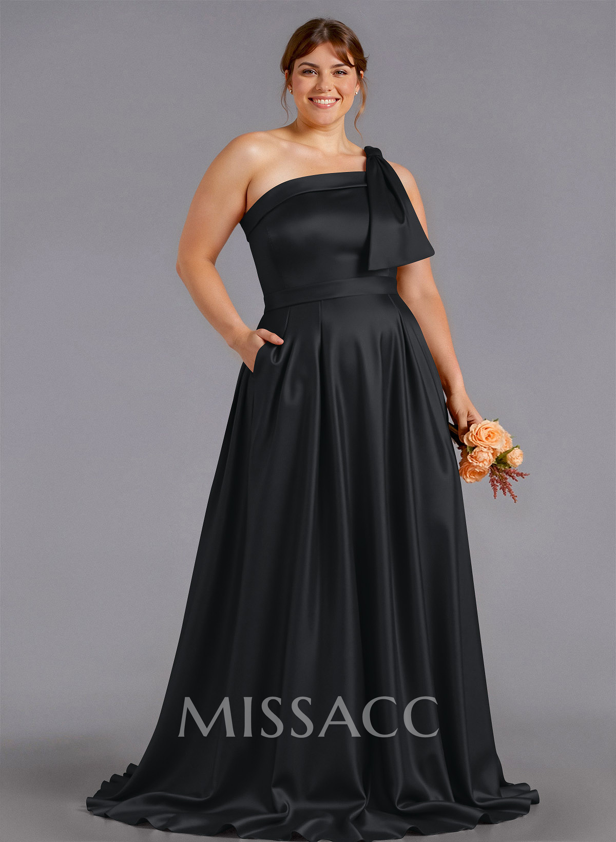 Classy Bow(s) One-Shoulder A-Line Sweep Train Satin Bridesmaid Dresses With Pockets