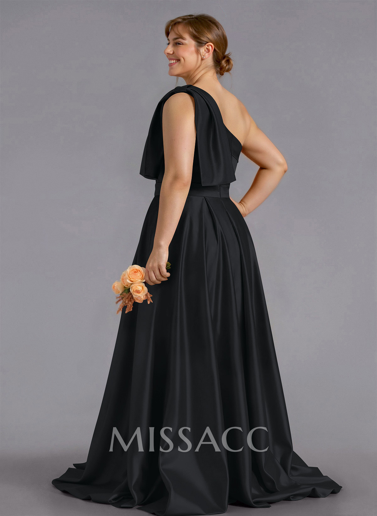 Classy Bow(s) One-Shoulder A-Line Sweep Train Satin Bridesmaid Dresses With Pockets