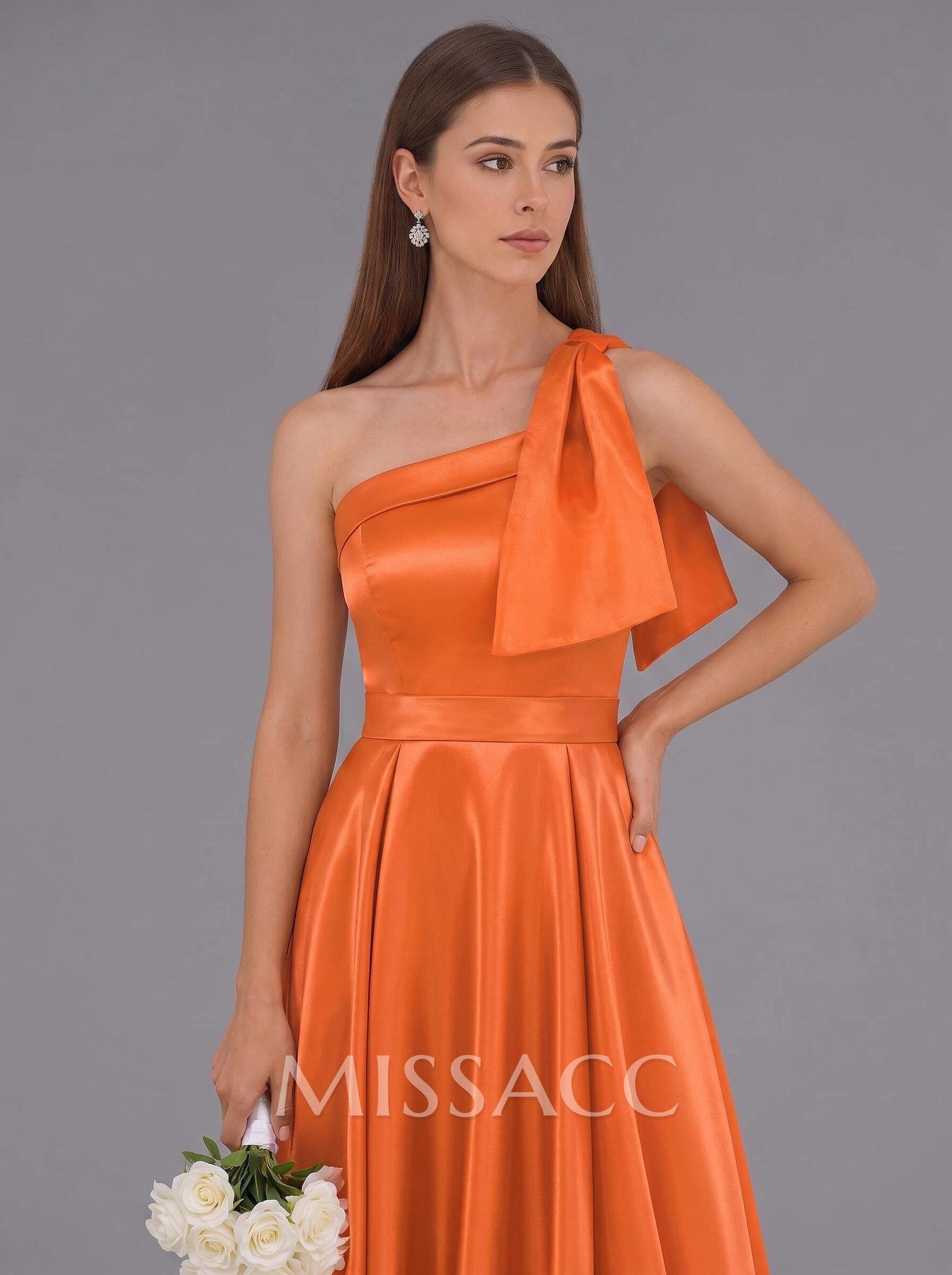 Classy Bow(s) One-Shoulder A-Line Sweep Train Satin Bridesmaid Dresses With Pockets Classy Bow(s) One-Shoulder A-Line Sweep Train Satin Bridesmaid Dresses With Pockets