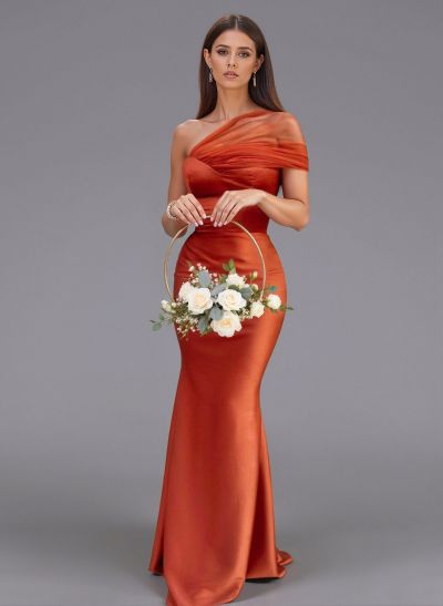 Elegant Tulle One-Shoulder Trumpet/Mermaid Floor-Length Satin Bridesmaid Dresses