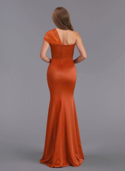 Elegant Tulle One-Shoulder Trumpet/Mermaid Floor-Length Satin Bridesmaid Dresses