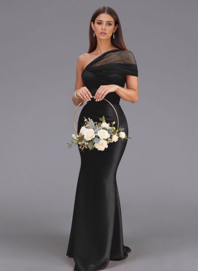 Elegant Tulle One-Shoulder Trumpet/Mermaid Floor-Length Satin Bridesmaid Dresses