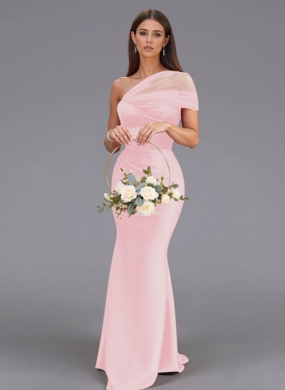 Elegant Tulle One-Shoulder Trumpet/Mermaid Floor-Length Satin Bridesmaid Dresses