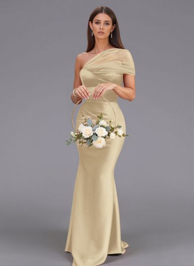 Elegant Tulle One-Shoulder Trumpet/Mermaid Floor-Length Satin Bridesmaid Dresses