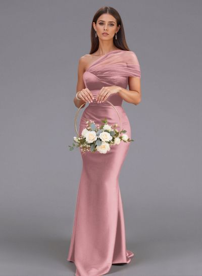 Elegant Tulle One-Shoulder Trumpet/Mermaid Floor-Length Satin Bridesmaid Dresses