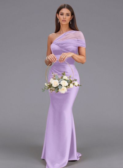 Elegant Tulle One-Shoulder Trumpet/Mermaid Floor-Length Satin Bridesmaid Dresses