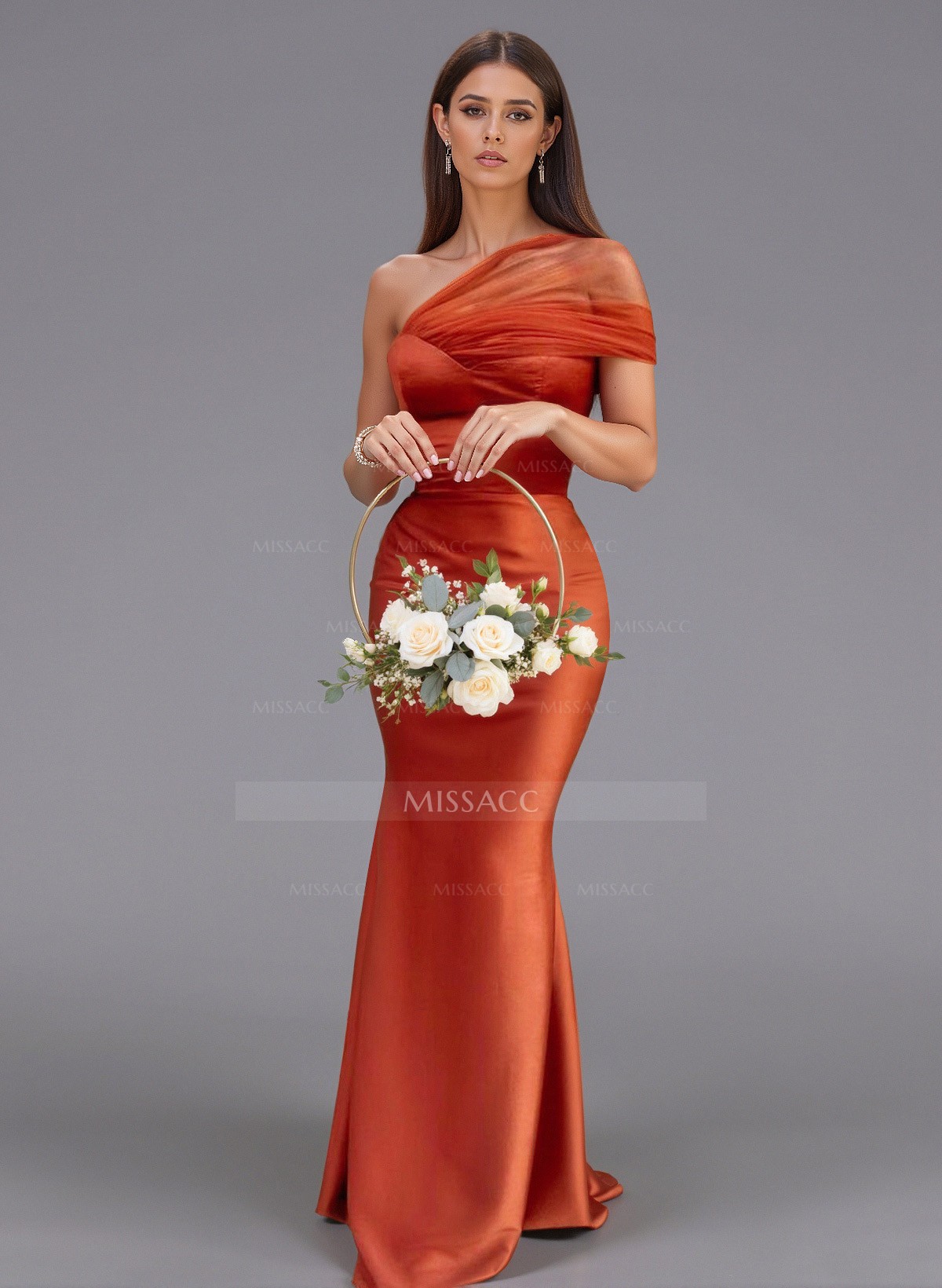 Elegant Tulle One-Shoulder Trumpet/Mermaid Floor-Length Satin Bridesmaid Dresses