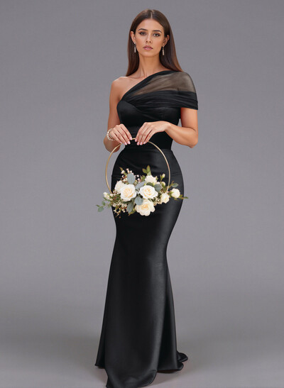 Elegant Tulle One-Shoulder Trumpet/Mermaid Floor-Length Satin Bridesmaid Dresses
