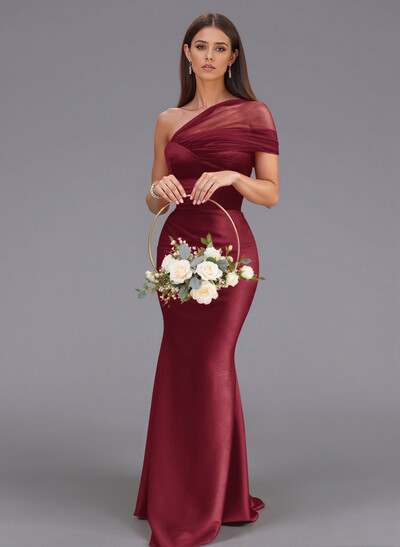 Elegant Tulle One-Shoulder Trumpet/Mermaid Floor-Length Satin Bridesmaid Dresses