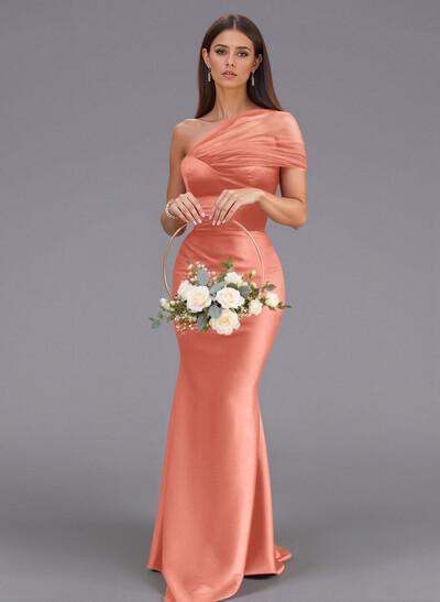 Elegant Tulle One-Shoulder Trumpet/Mermaid Floor-Length Satin Bridesmaid Dresses