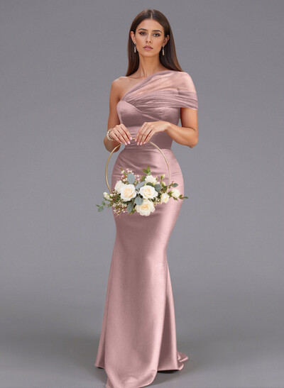 Elegant Tulle One-Shoulder Trumpet/Mermaid Floor-Length Satin Bridesmaid Dresses