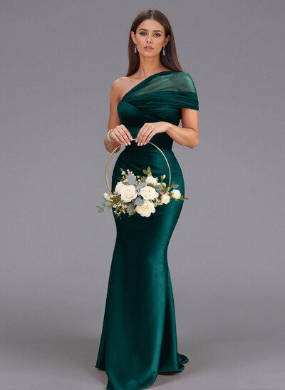Elegant Tulle One-Shoulder Trumpet/Mermaid Floor-Length Satin Bridesmaid Dresses