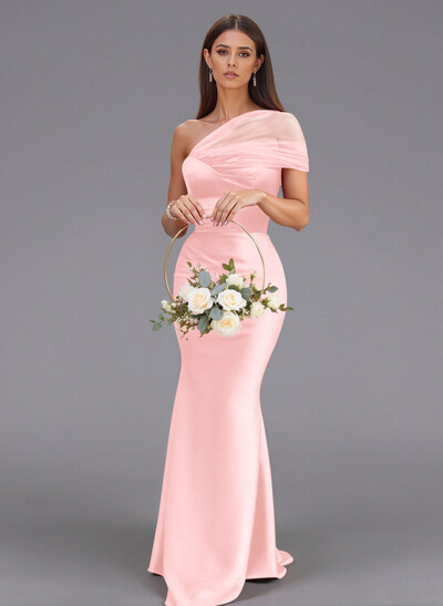 Elegant Tulle One-Shoulder Trumpet/Mermaid Floor-Length Satin Bridesmaid Dresses