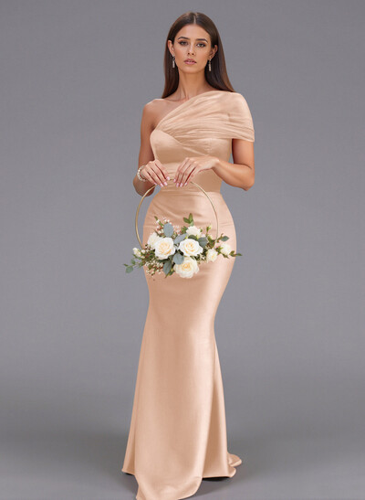 Elegant Tulle One-Shoulder Trumpet/Mermaid Floor-Length Satin Bridesmaid Dresses