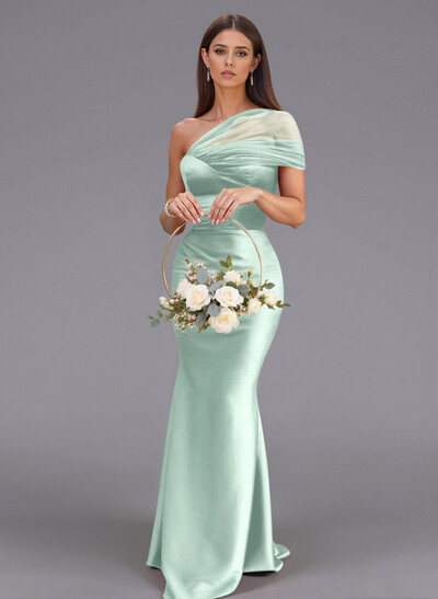Elegant Tulle One-Shoulder Trumpet/Mermaid Floor-Length Satin Bridesmaid Dresses